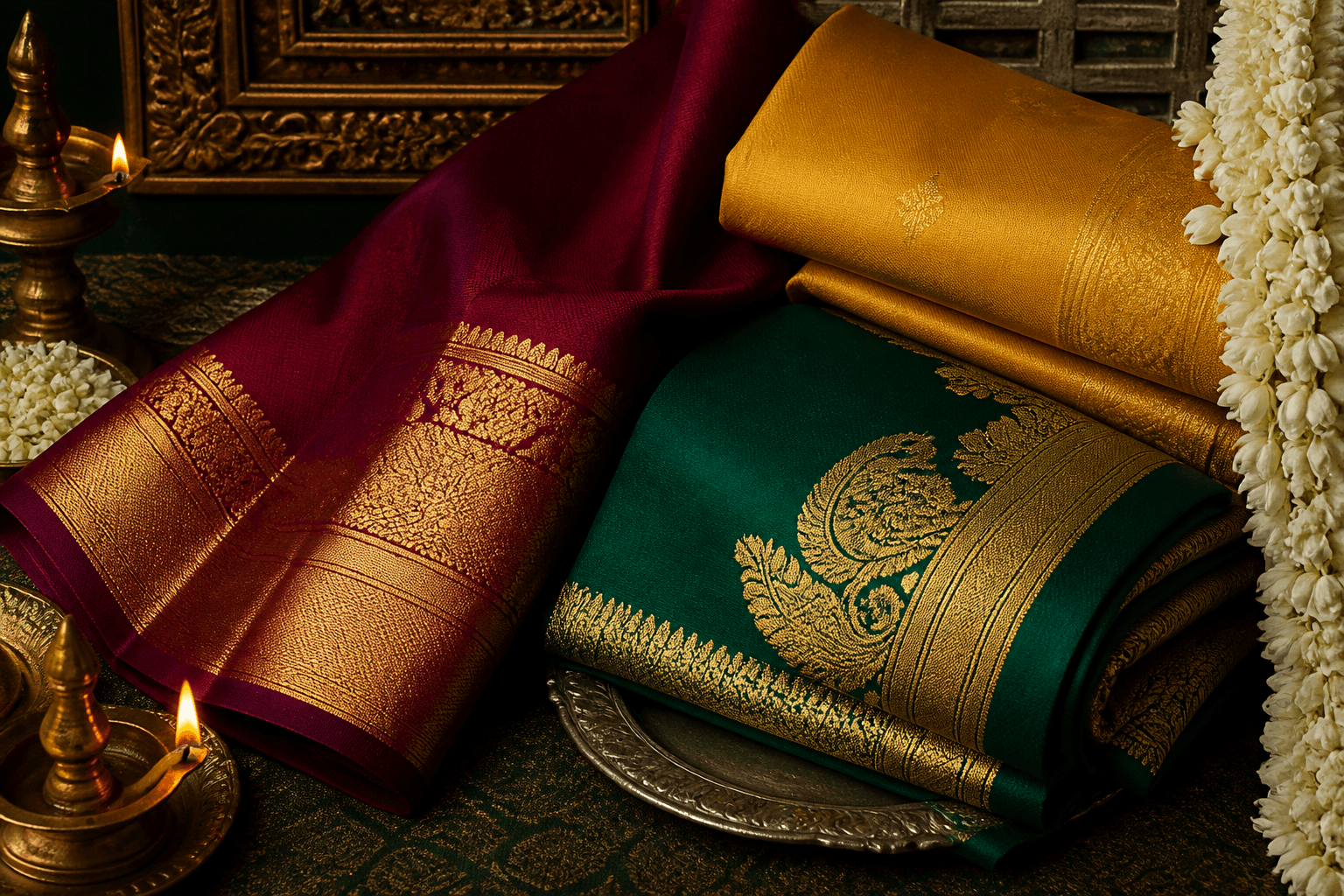 Kanjivaram silk sarees in temple gold and maroon